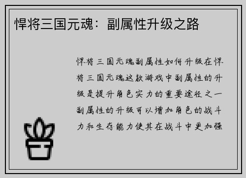 悍将三国元魂：副属性升级之路